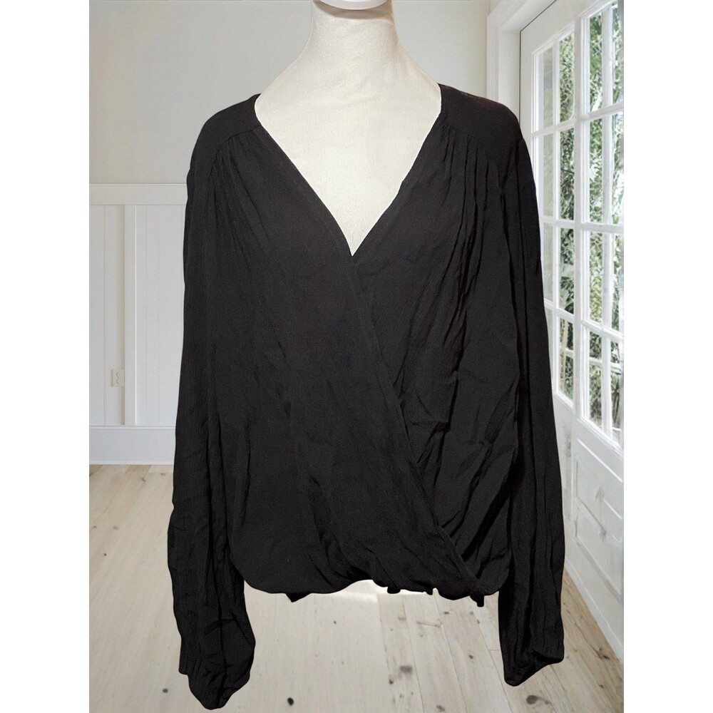 FREE PEOPLE Women's Check On It Wrap Top Black Balloon Sleeve Draped Blouse Sz L - Picture 2 of 13